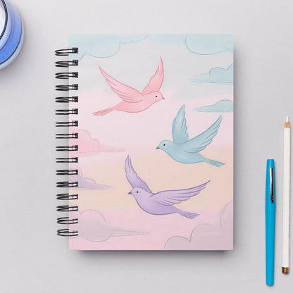 Notebook featuring pastel-colored flying birds and clouds in the sky, representing freedom and serenity