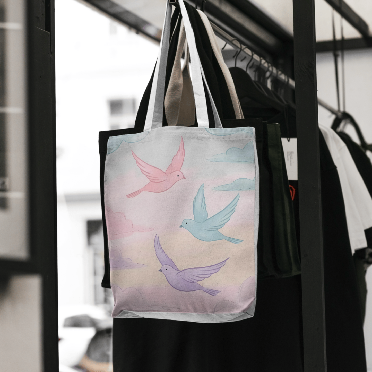 Pastel birds soaring through a cloudy sky printed on a tote bag, perfect for nature lovers