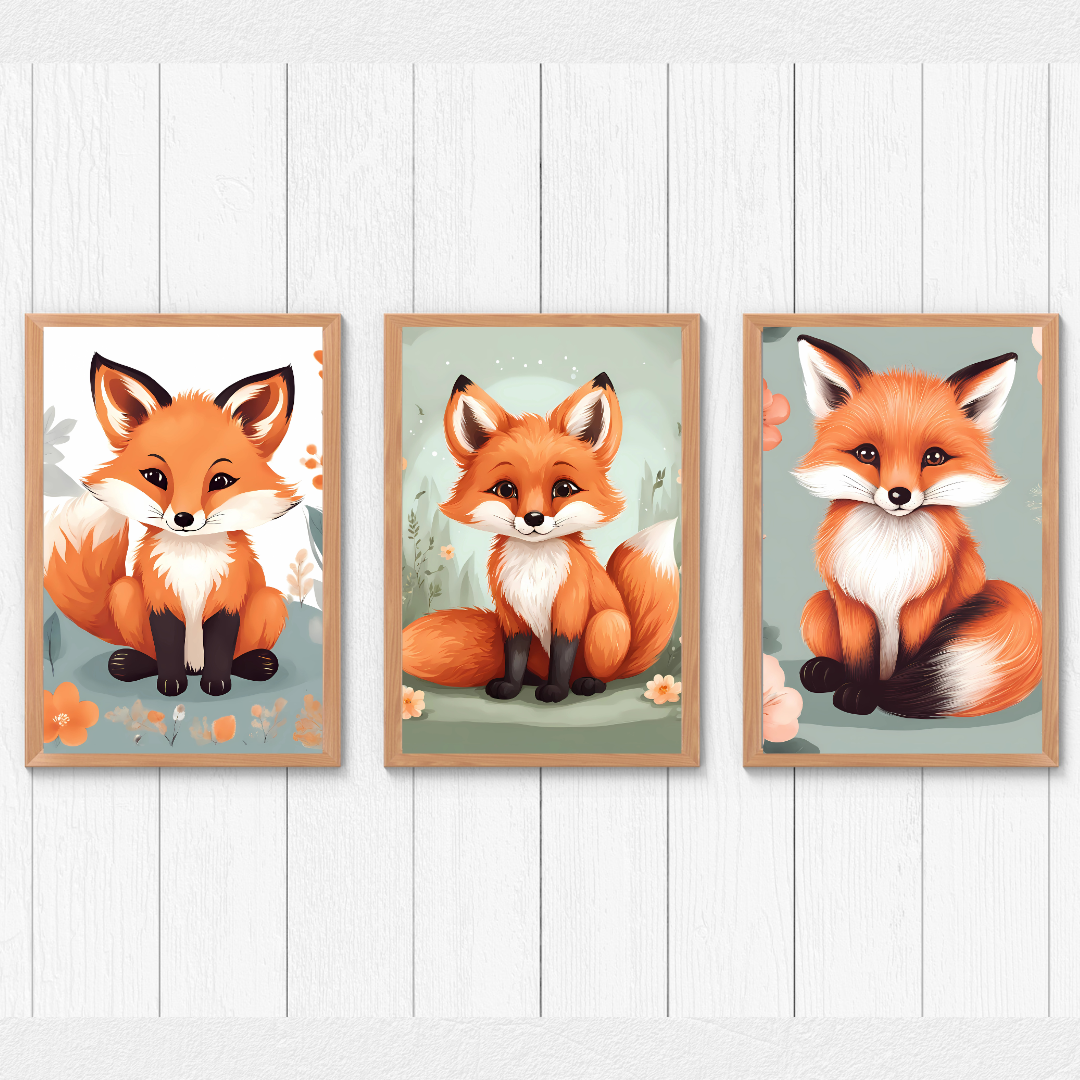 Adorable fox illustration set featuring three whimsical woodland foxes surrounded by soft autumn flowers and foliage.