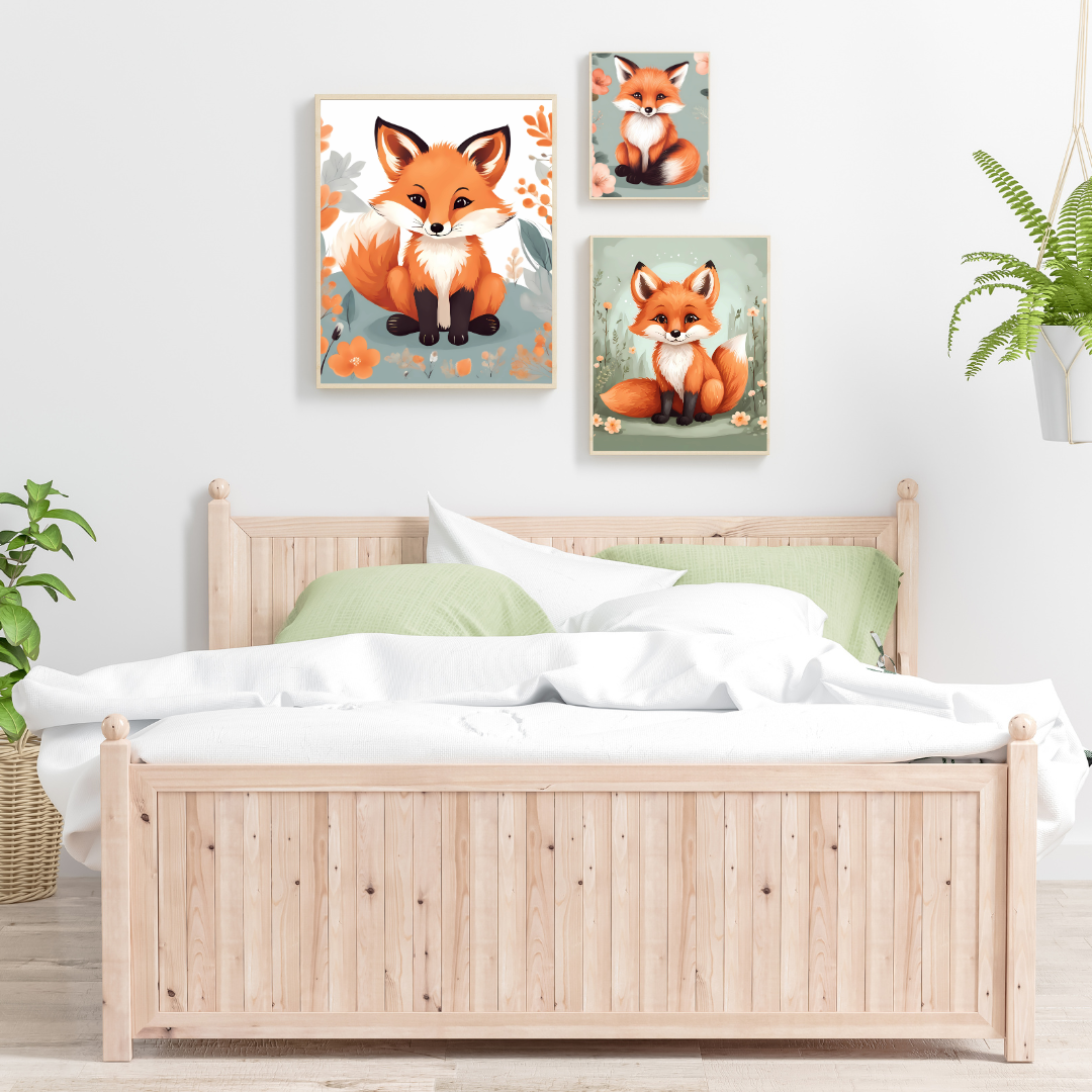 Whimsical 3-piece fox art print set, perfect for woodland nursery decor or cozy home interiors.