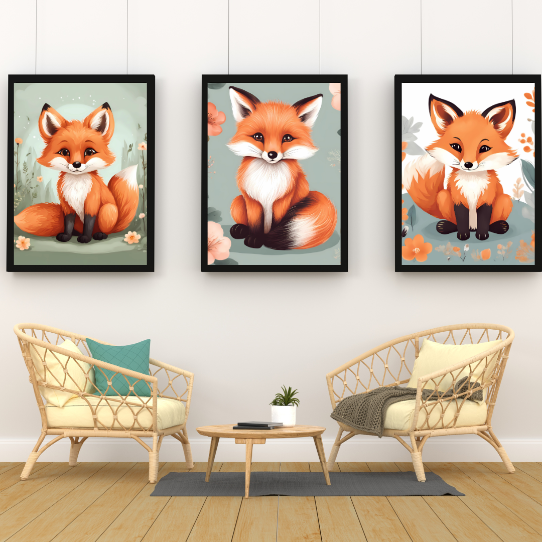 Cute fox digital prints in a warm autumnal color palette, ideal for rustic and Scandinavian home decor.