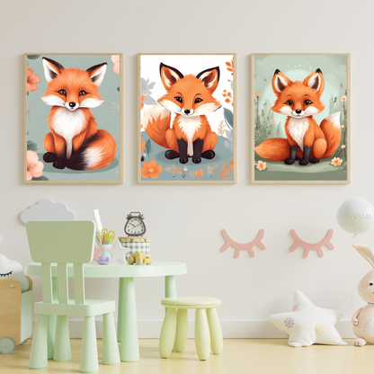  Minimalist and charming fox wall art set featuring nature-inspired botanical elements and forest aesthetics.