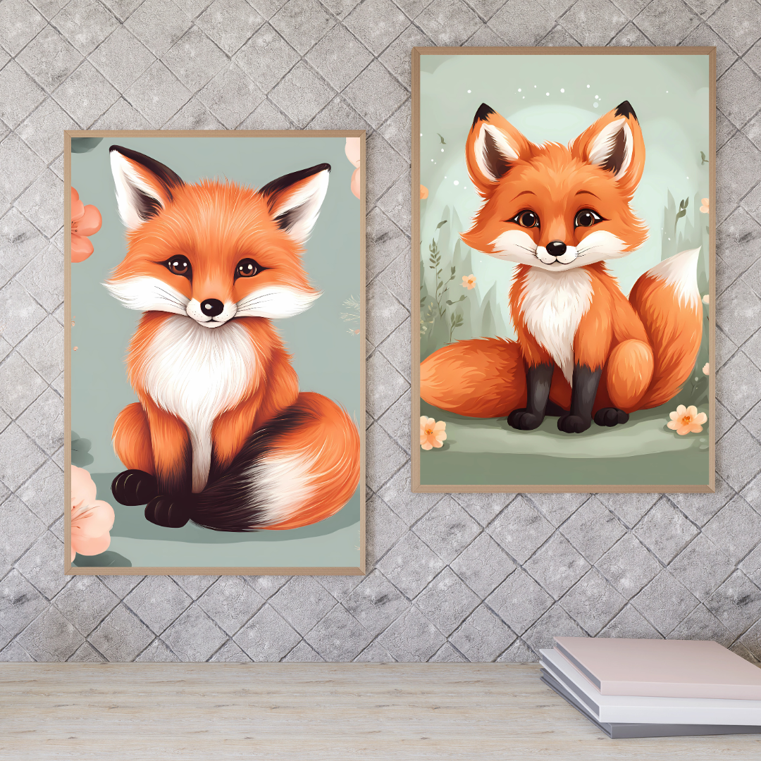 3-piece woodland animal print set featuring playful foxes in nature, perfect for kids’ rooms and nurseries.