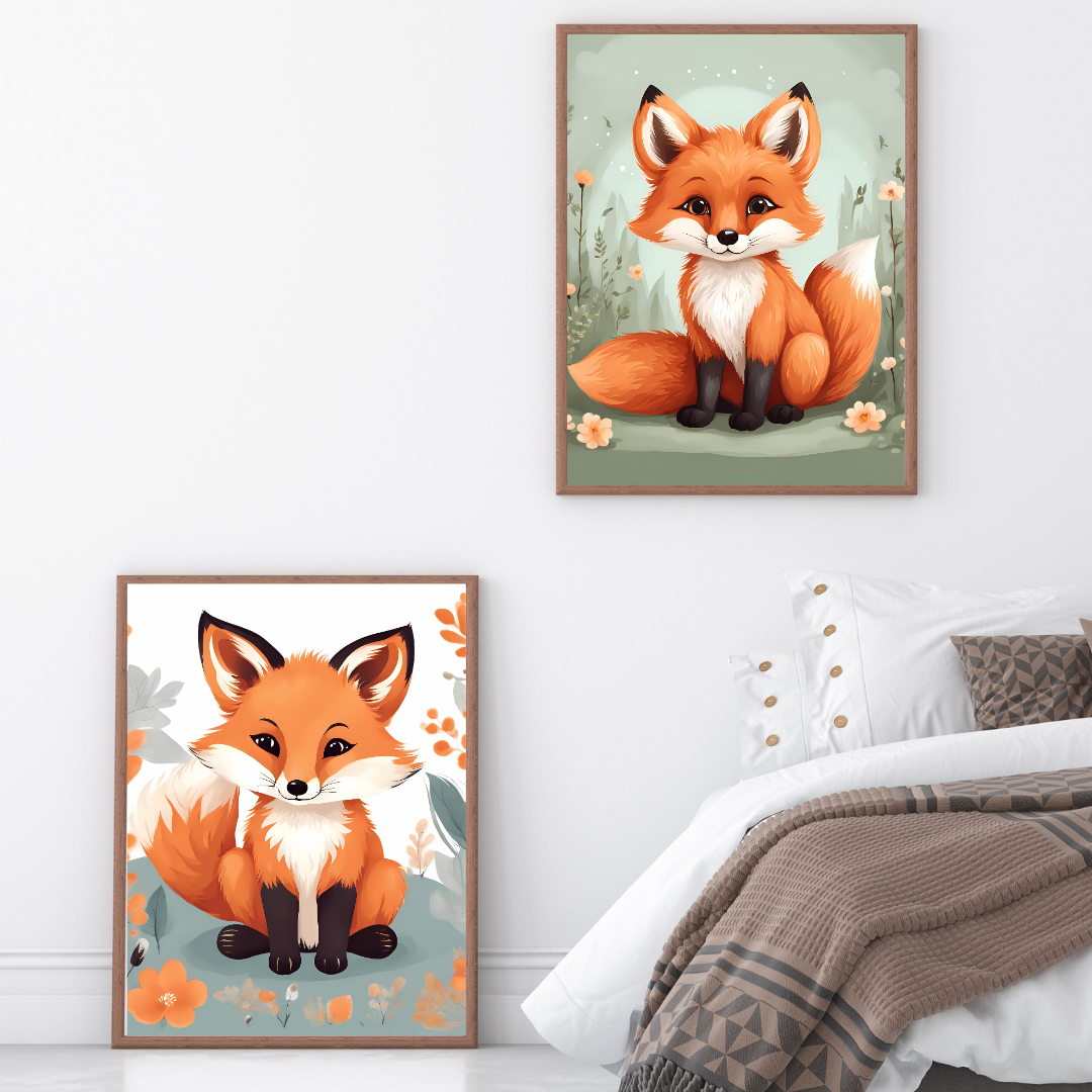  Rustic and cozy fox wall art set with gentle autumn leaves and botanical accents.