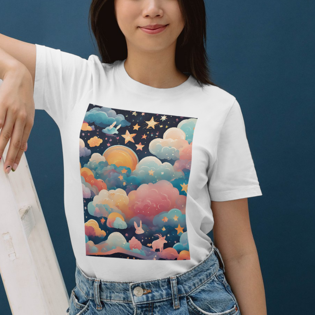 Fun t-shirt with colorful wavy clouds and stars, adding a touch of playful charm to your outfit