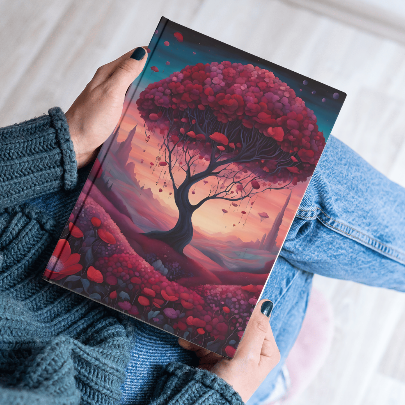 Fantasy-inspired notebook cover featuring a magical crimson tree and floating flowers – ideal for journaling and creativity