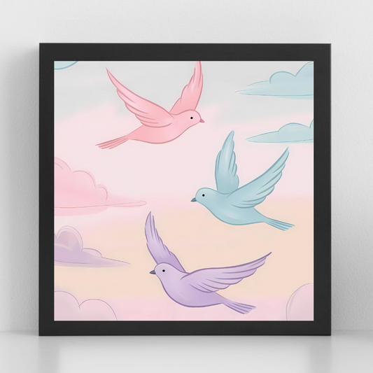 Birds in Flight – Pastel Sky Digital Art Print, Freedom and Serenity Symbol for Home & Office Décor - ForArtHunters