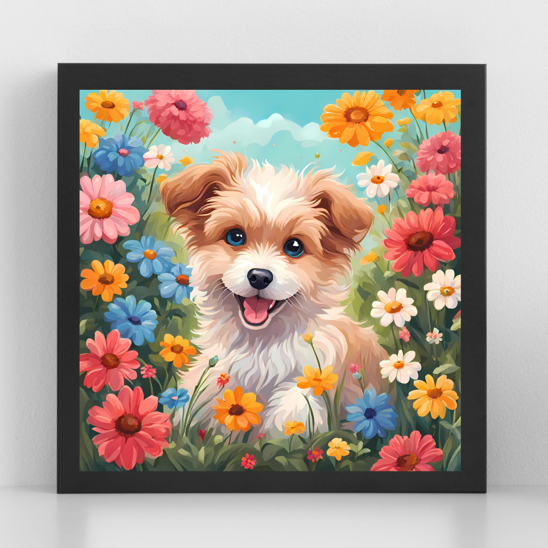 Smiling Puppy and Colorful Flowers Art – Digital Download for Dog Lovers & Pet-Themed Home Décor - ForArtHunters