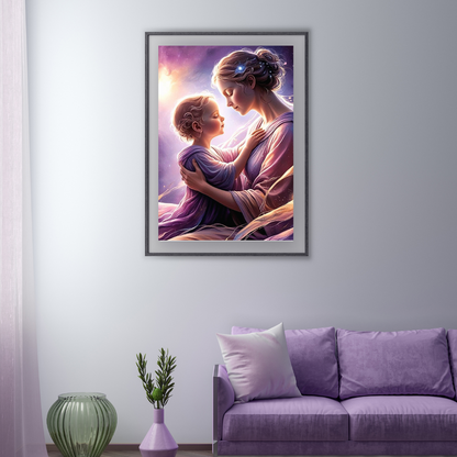 illustration of mother and child in a celestial setting