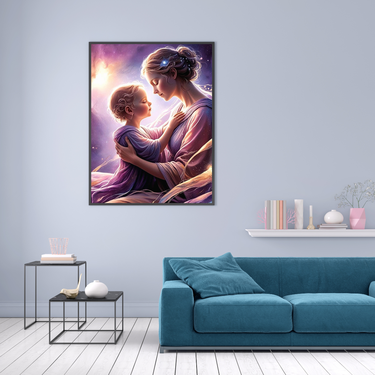  Divine love between mother and child illustrated in soft celestial hues