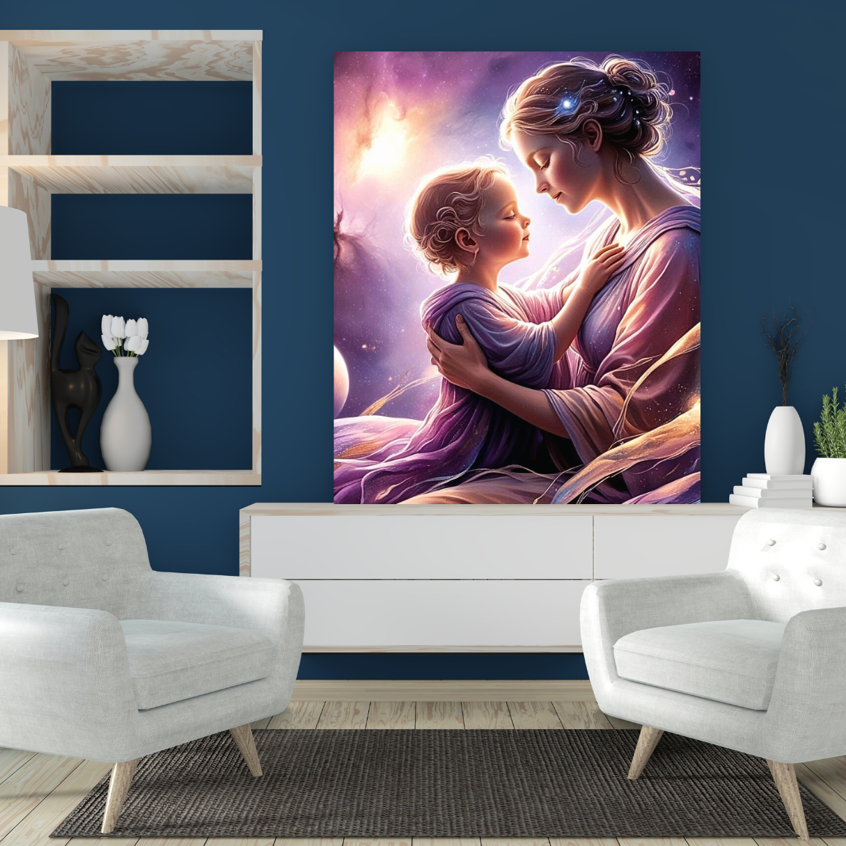 mother-child artwork with golden light and stardust textures