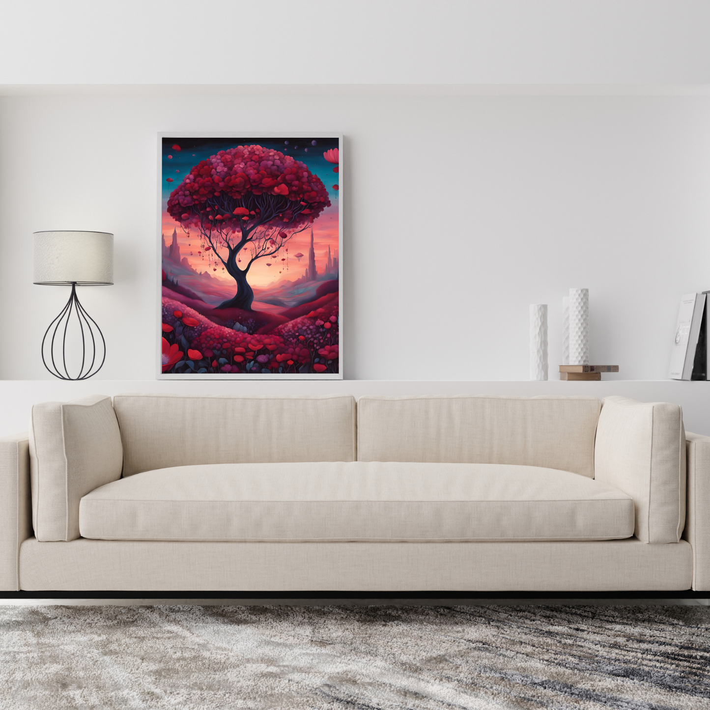 Mystical dreamland scene with a crimson tree and ethereal floating petals – a breathtaking landscape canvas for fantasy lovers