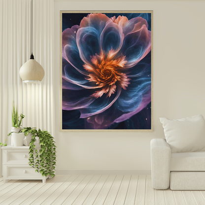 "Celestial botanical canvas featuring a surreal nebula-inspired flower, blending cosmic swirls with delicate petals for a dreamy, mystical ambiance."