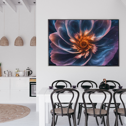 Mystical galaxy flower artwork on canvas, featuring swirling celestial hues and soft botanical textures for a celestial and enchanting home decor aesthetic