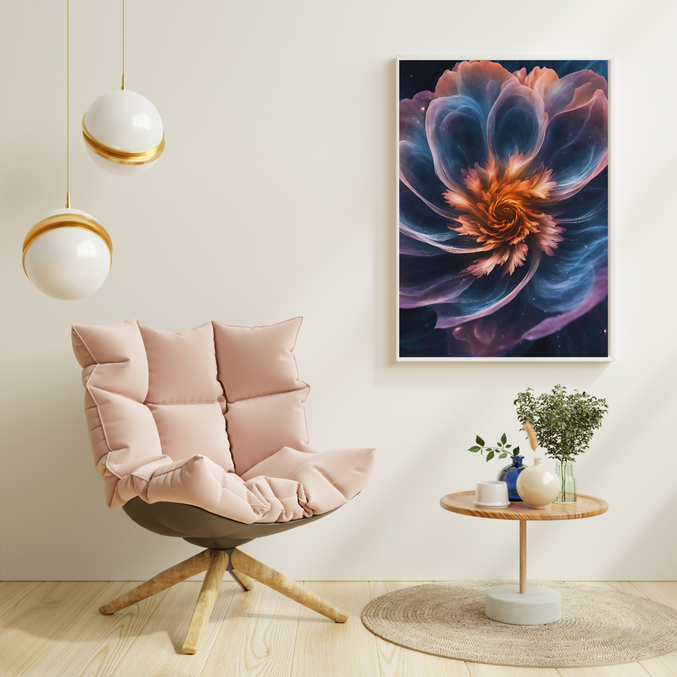 Dreamy cosmic flower canvas wall art with an interstellar floral swirl, combining botanical elegance with celestial wonder for a fantasy-inspired space