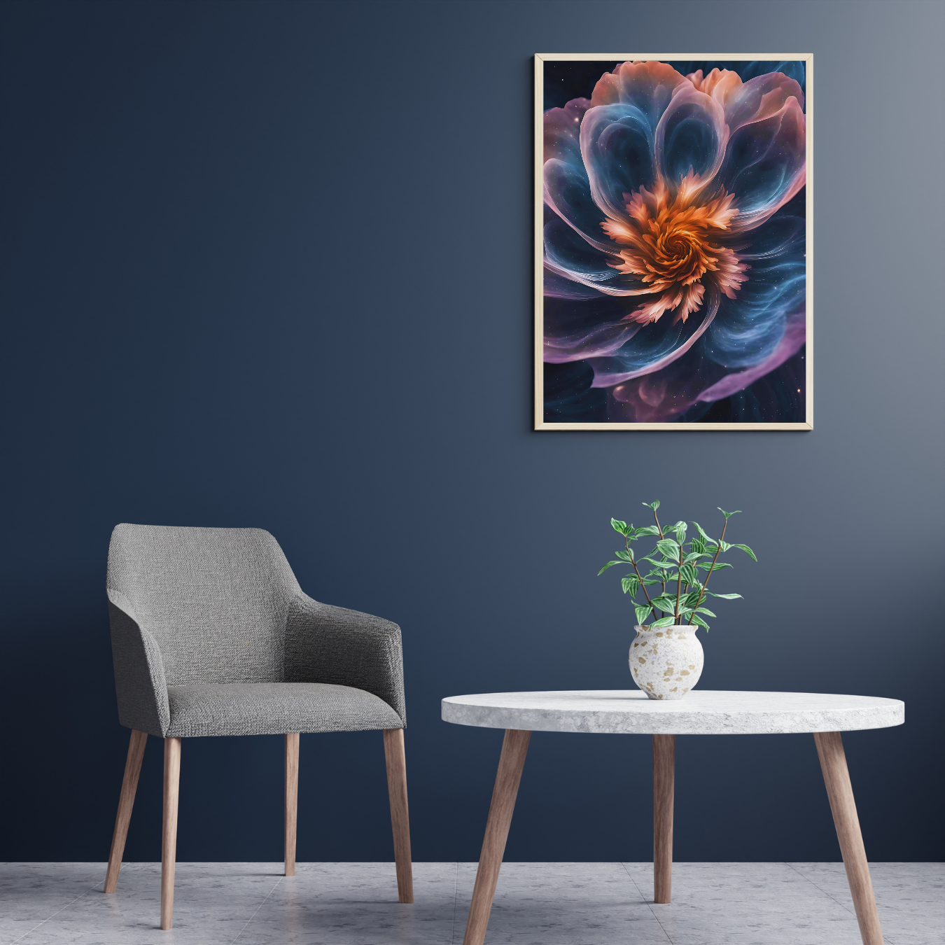 Nebula Petals celestial canvas print, showcasing a luminous cosmic bloom against a starry backdrop, ideal for meditation rooms, mystical decor, and art collectors