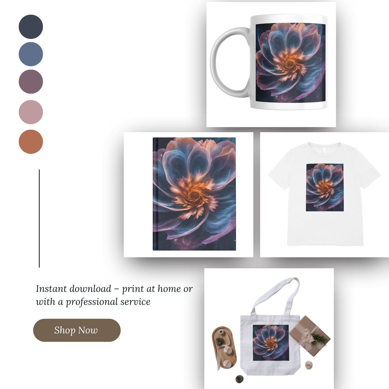 Nebula Petals cosmic floral displayed on mug, notebook, t-shirt and tote bag featuring a dreamy galaxy-inspired flower print, perfect for celestial and boho lovers.