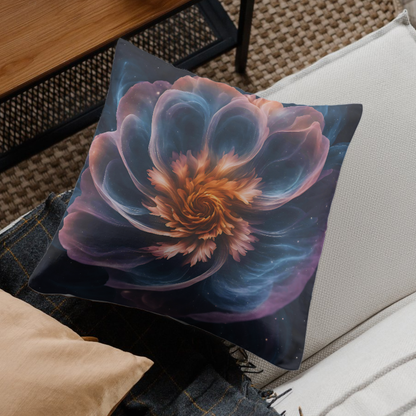 Celestial bloom decorative pillow with an enchanting nebula flower, ideal for boho and witchy home decor