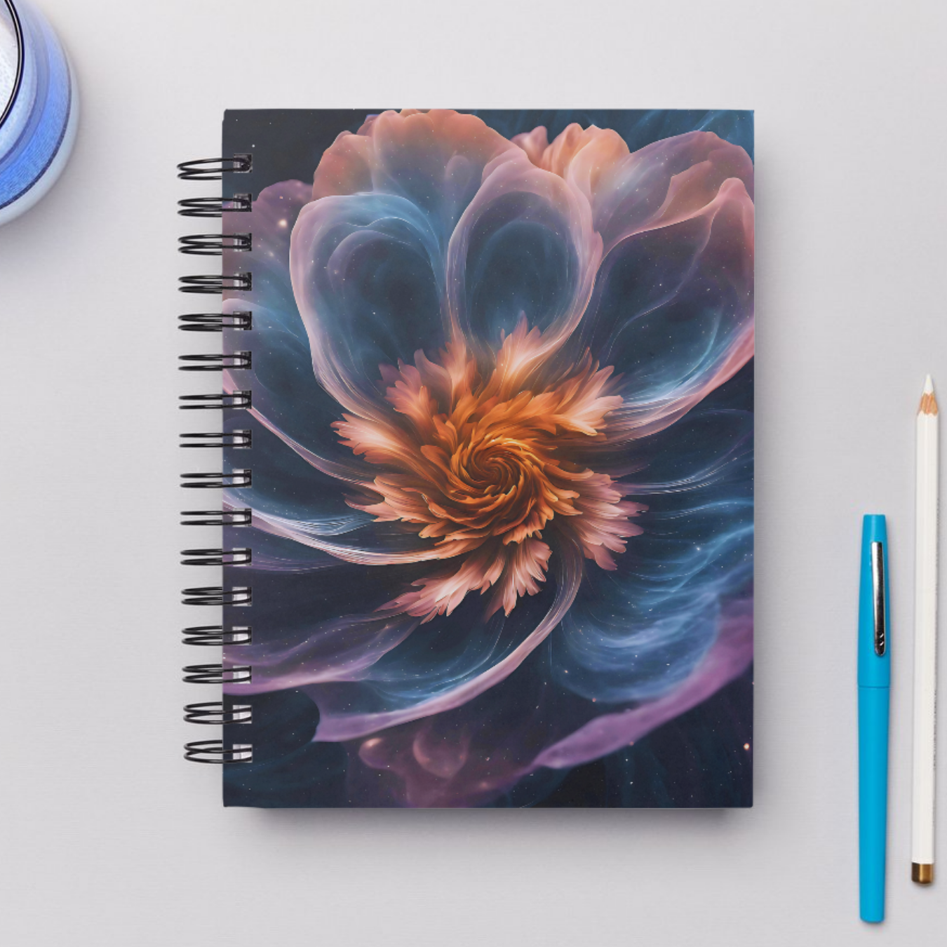 Dreamy galaxy flower cover on a spiral-bound notebook, perfect for astrology lovers and mystic dreamers