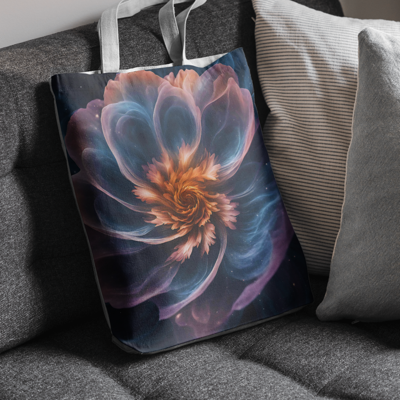 Ethereal flower tote bag with a swirling nebula-inspired bloom, perfect for fantasy and astrology lovers