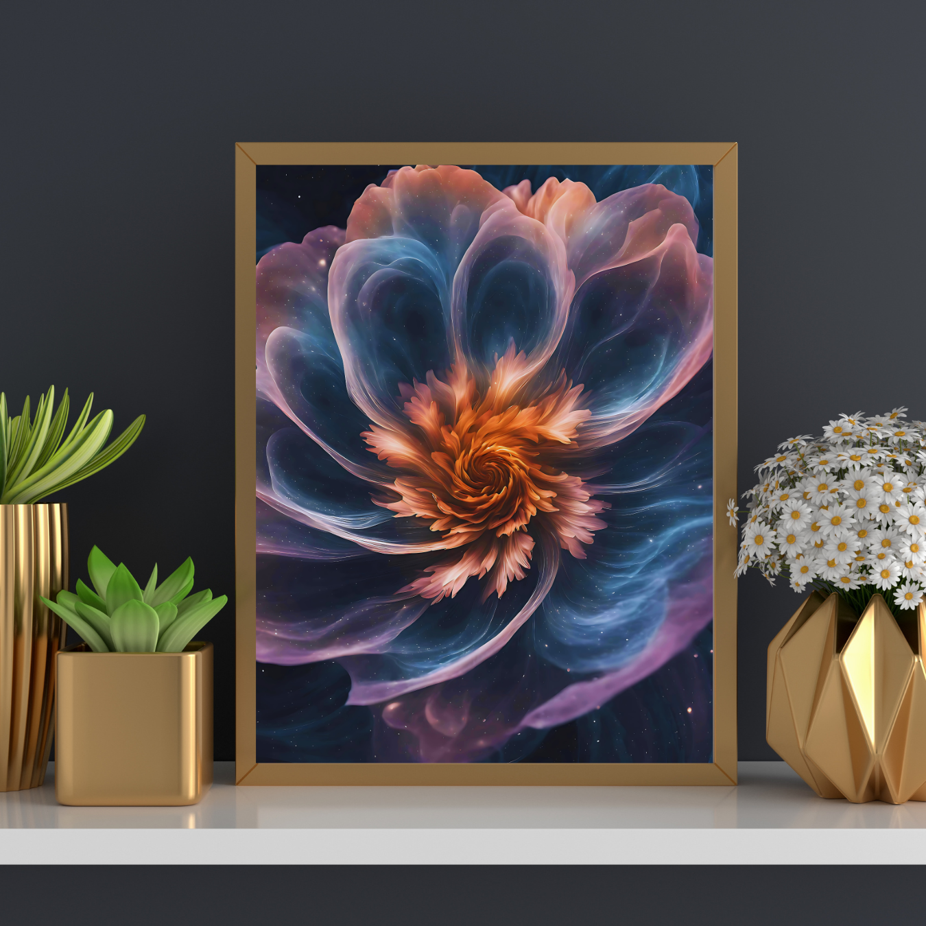 Celestial flower art vertical canvas print featuring a surreal nebula-inspired bloom, perfect for mystical decor