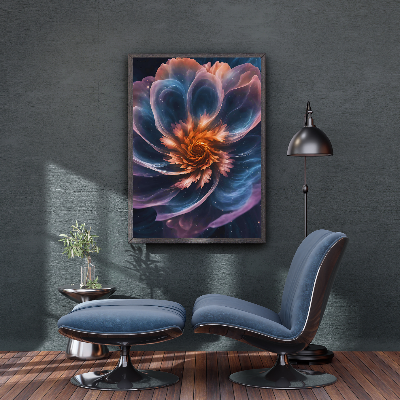 Dreamy cosmic botanical canvas in vertical orientation, ideal for astrology and boho-inspired spaces