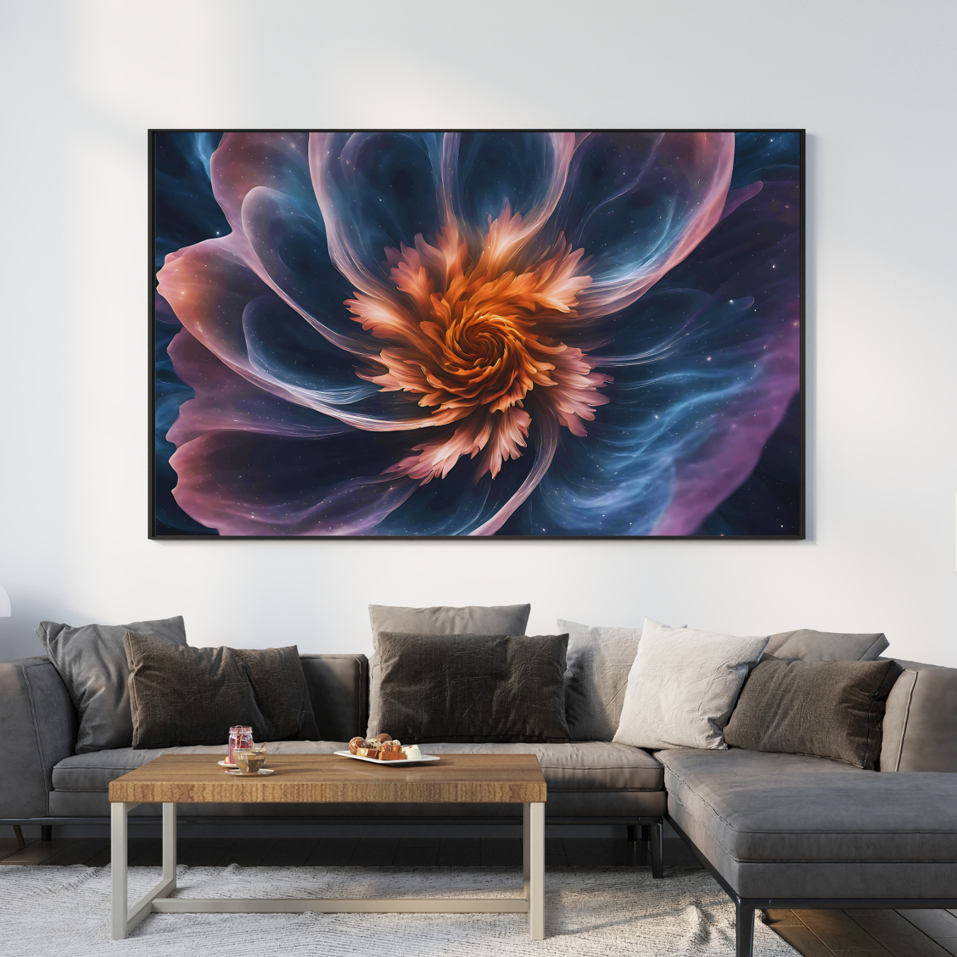 Ethereal galaxy flower vertical canvas art with soft swirls and starry textures, perfect for meditation areas