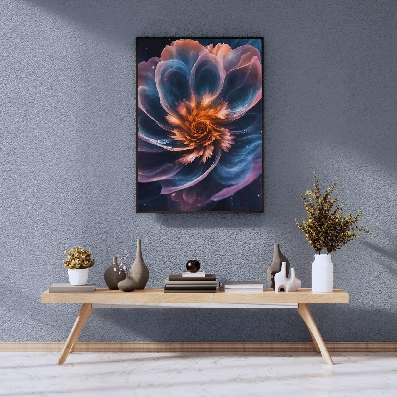 "Celestial bloom featuring an ethereal nebula flower, ideal for decorating on wall