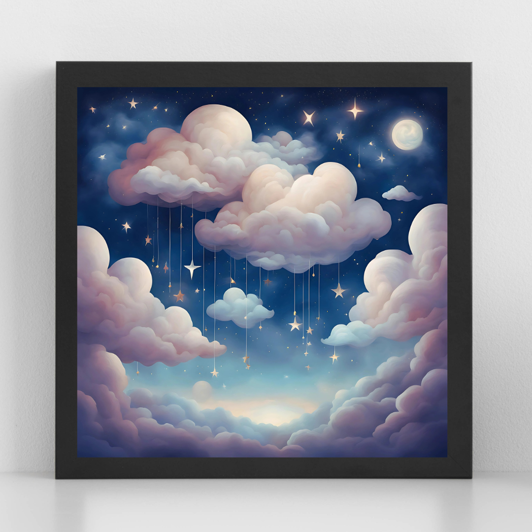 Dreamy celestial night sky with fluffy pastel clouds and hanging golden stars.