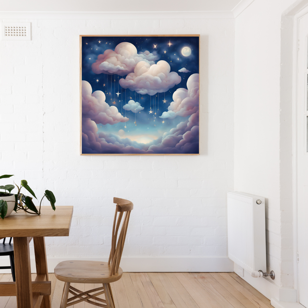 Serene celestial wall art with an enchanting night sky and whimsical clouds.