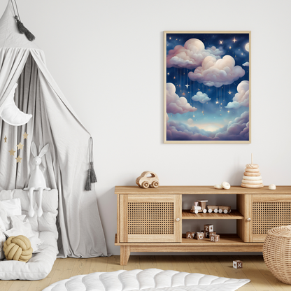 Whimsical cloudscape with a glowing moon and soft, floating clouds.