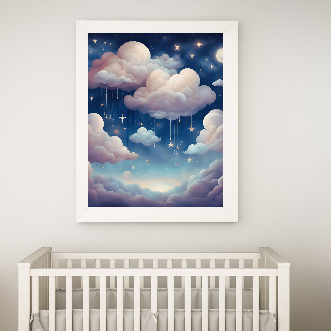 Soft pastel cloud wall art featuring a peaceful celestial dreamscape in a nursery room