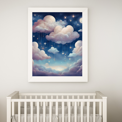 Soft pastel cloud wall art featuring a peaceful celestial dreamscape in a nursery room