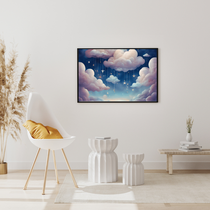 Magical night sky illustration with golden stars dangling from clouds