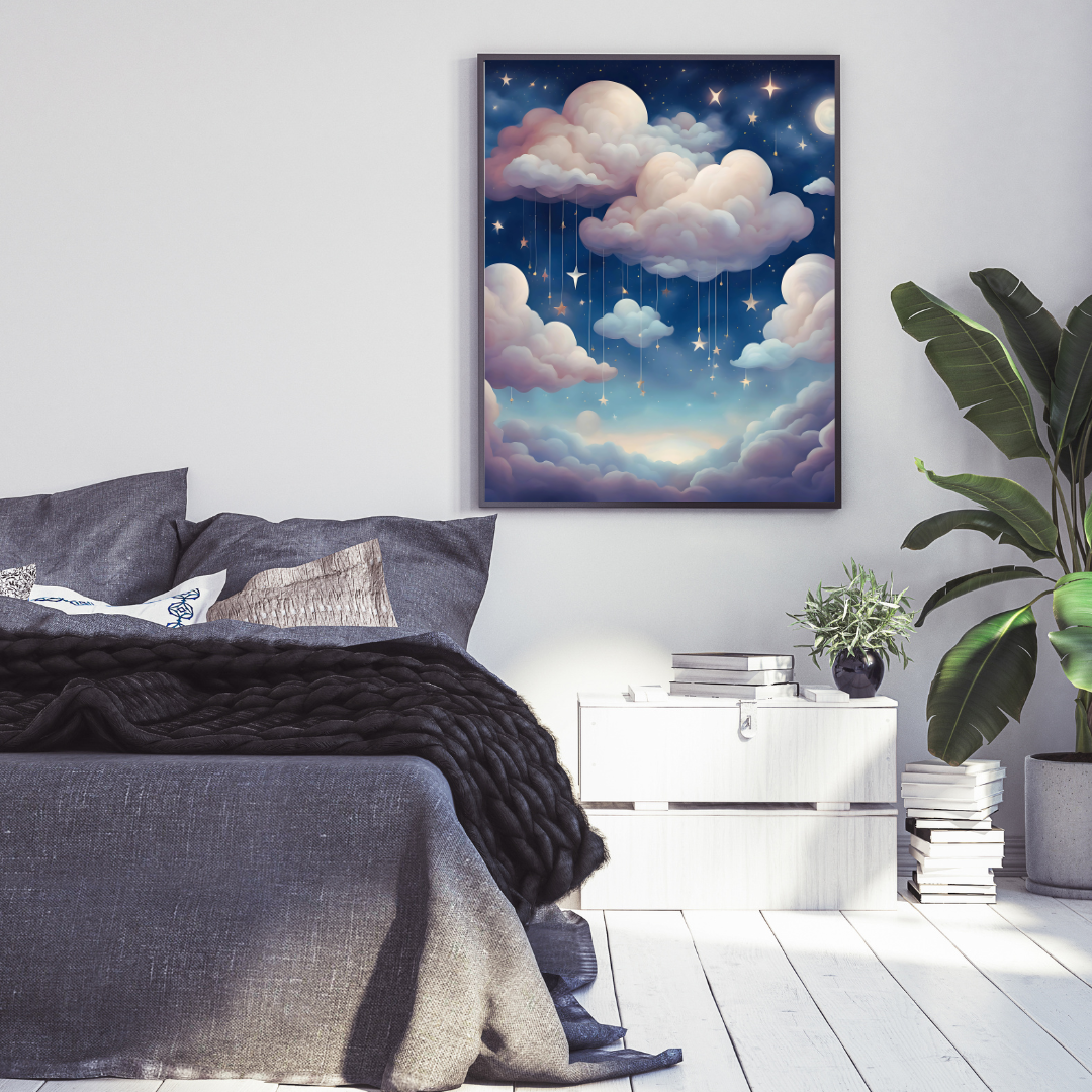 Hanging stars and floating clouds in a mystical celestial digital print.