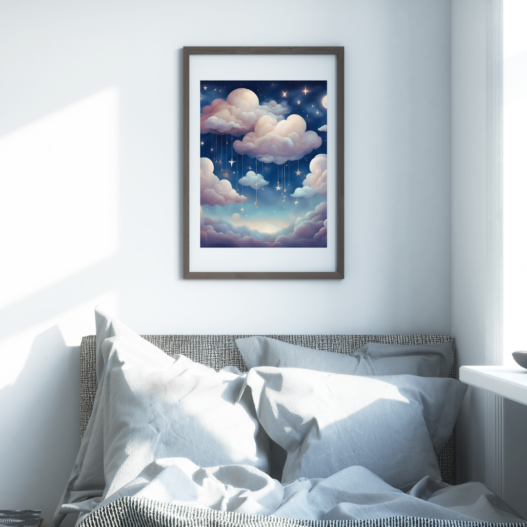 Fantasy-inspired nightscape with fluffy pink and blue clouds.