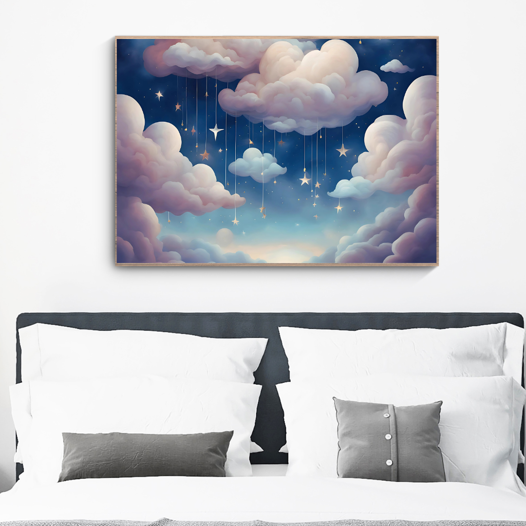 Surreal pastel cloud painting with a glowing full moon and twinkling stars.