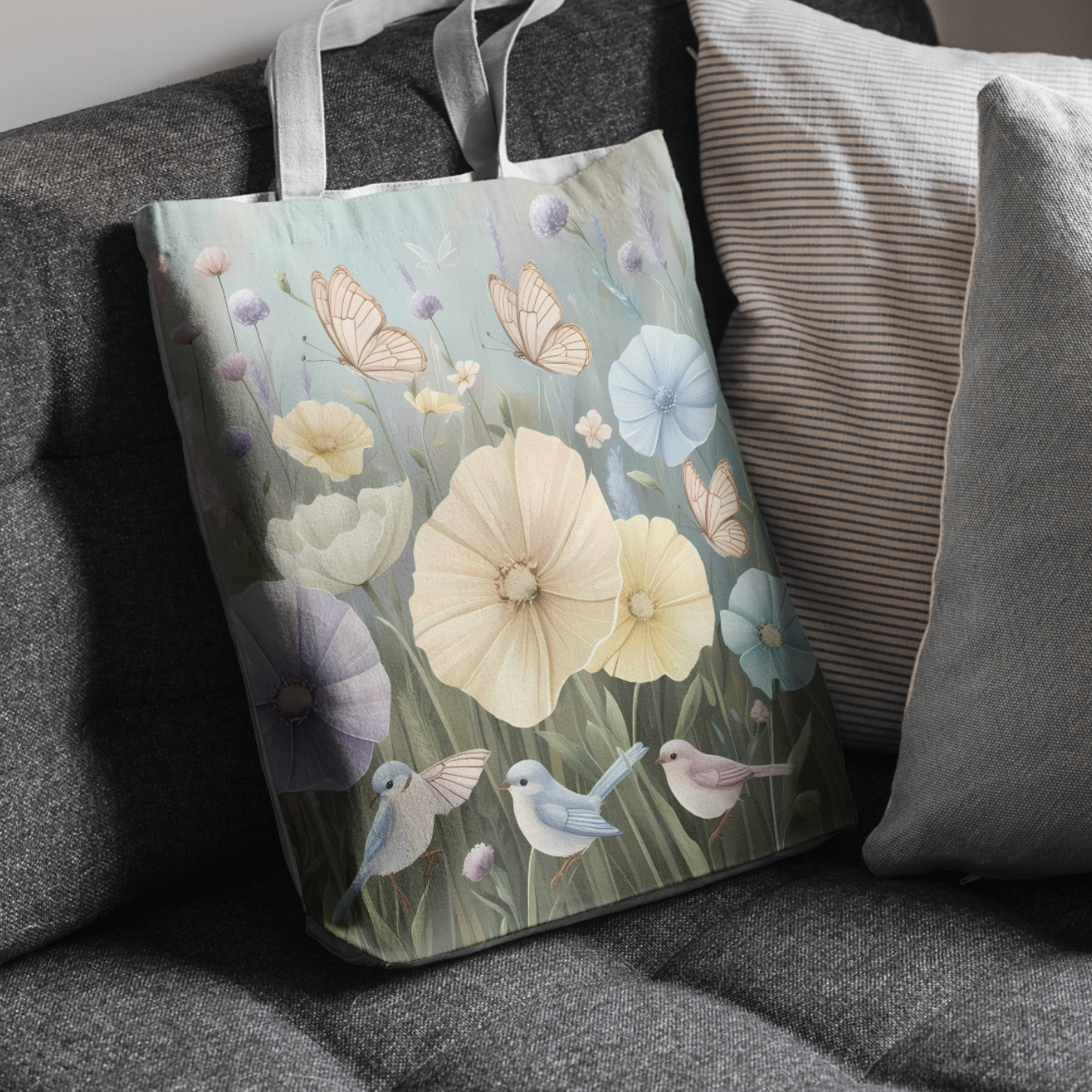 Whimsical pastel meadow scene with flowers and butterflies on a tote bag