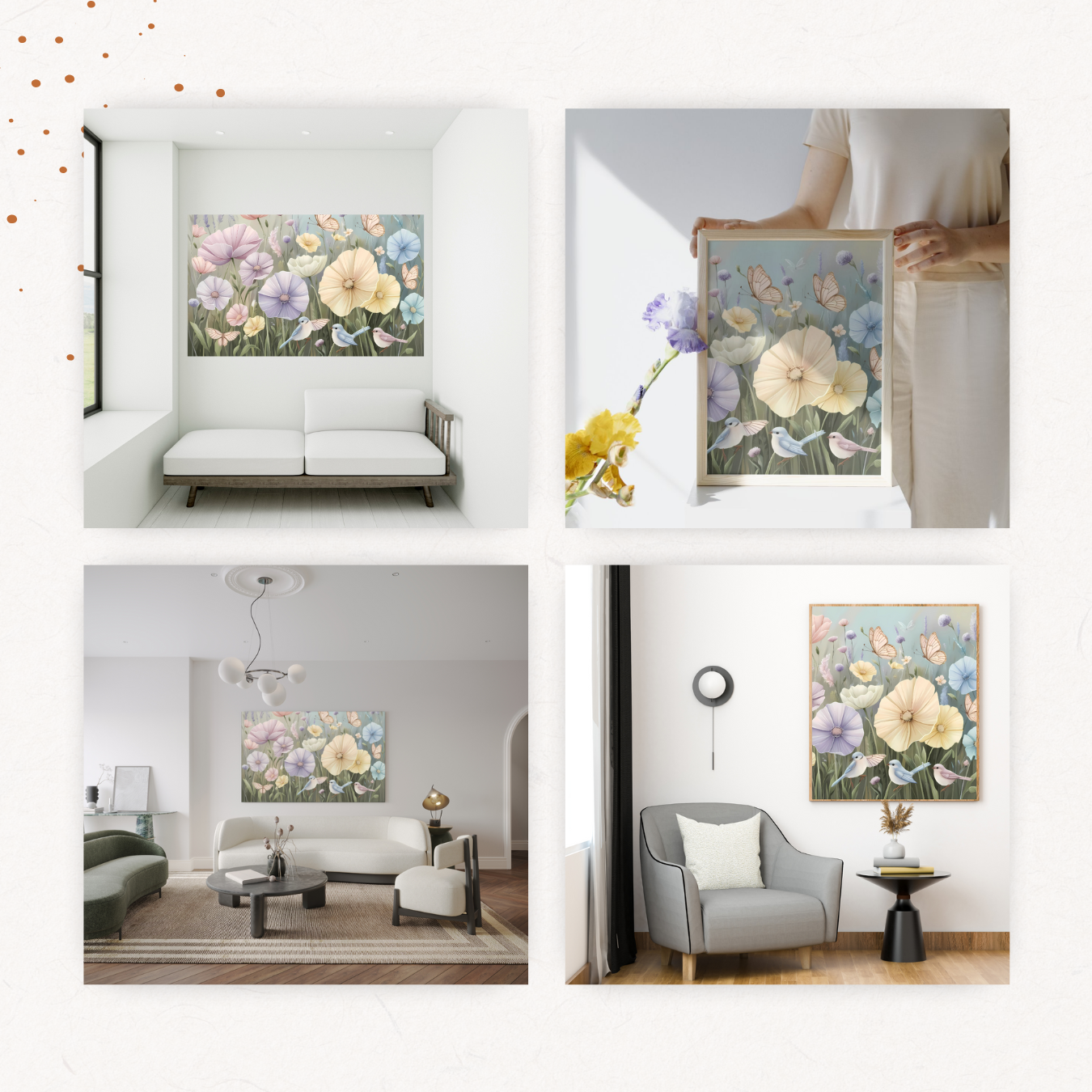 Tranquil floral and butterfly artwork on canvas, creating a peaceful and dreamy nature-inspired wall décor