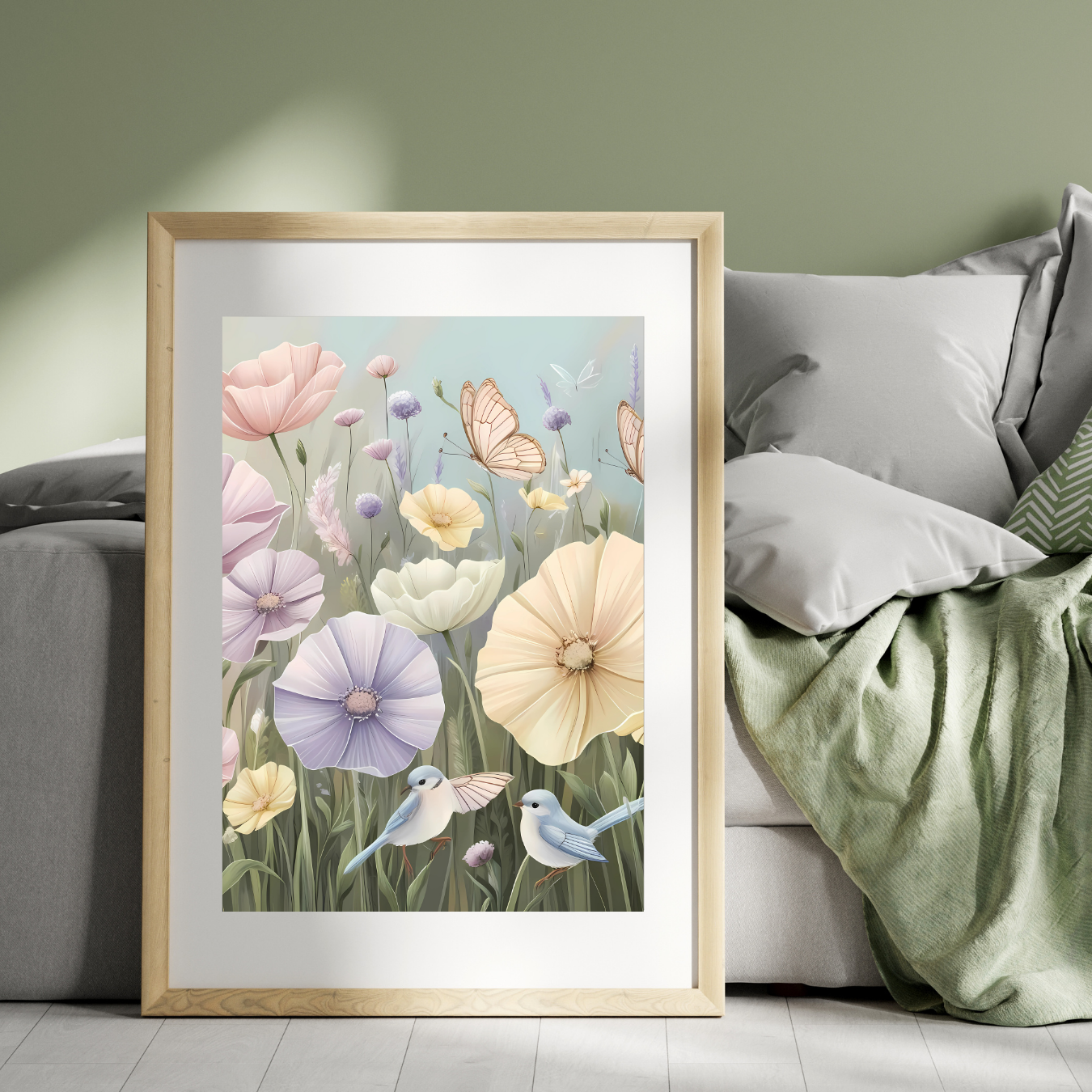 Soft pastel flower meadow with whimsical butterflies and a bird, printed on a high-quality canvas for a calming atmosphere."