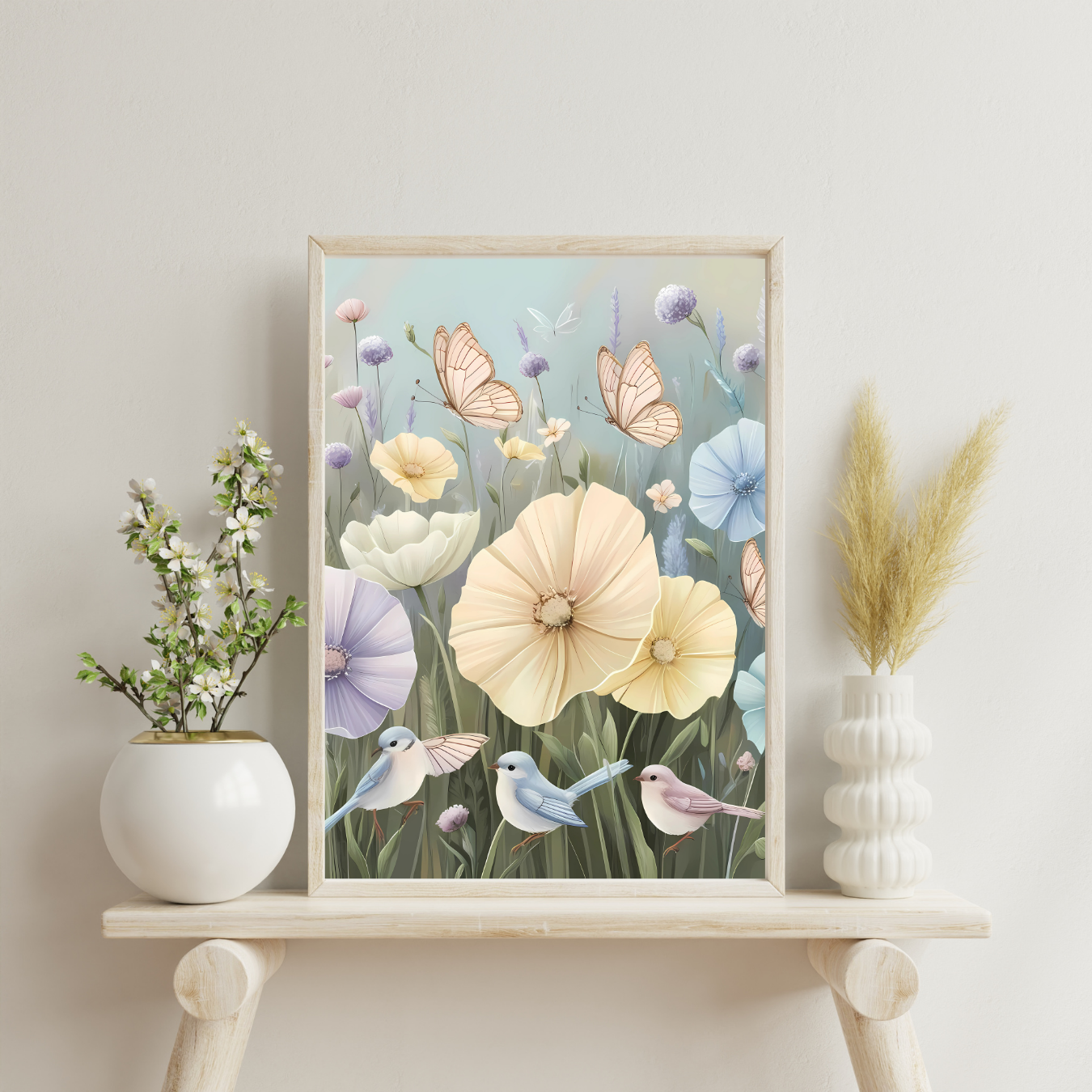 Serene pastel meadow canvas print featuring delicate flowers, fluttering butterflies, and a tiny red-breasted bird