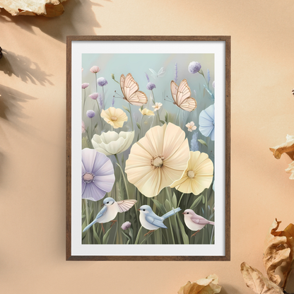 Peaceful nature-inspired canvas print featuring a blooming meadow, delicate butterflies, and warm sunlight