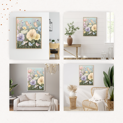 Whimsical meadow art canvas with soft pastel flowers, floating butterflies, and a soothing natural aesthetic