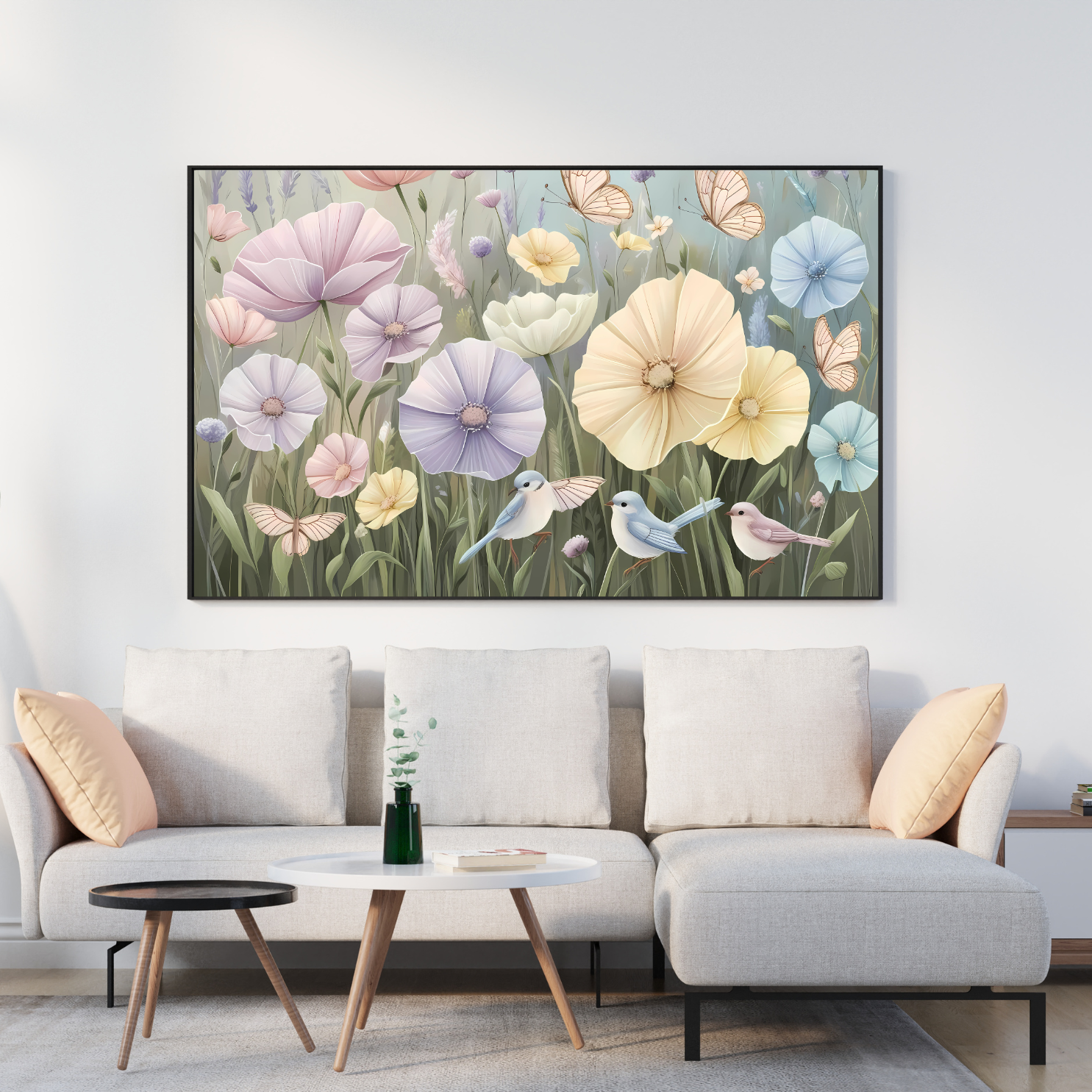 Dreamy nature canvas print showcasing a gentle pastel meadow, perfect for creating a cozy and serene home ambiance