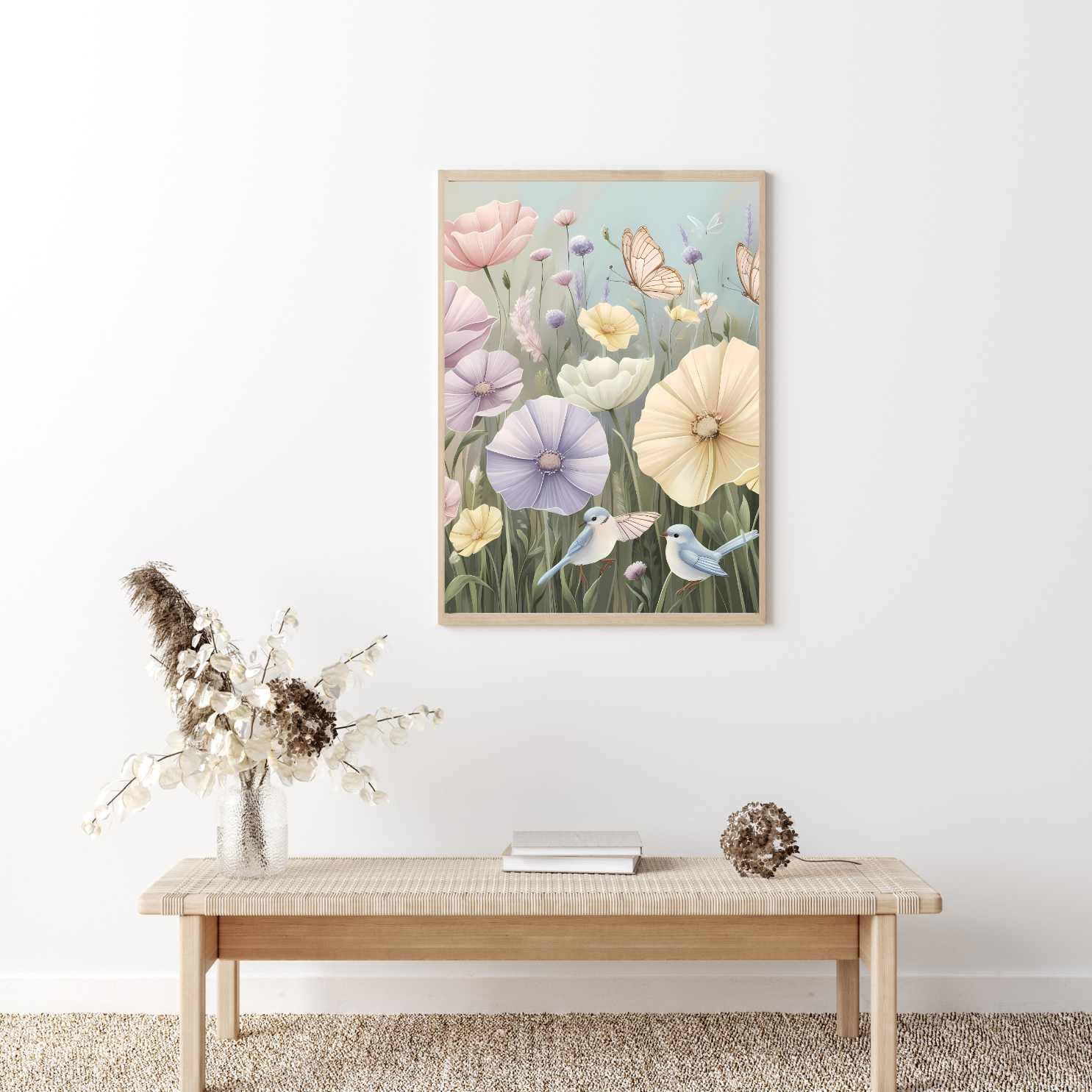 Floral and butterfly canvas print with a soft, romantic color palette, ideal for relaxation and mindfulness spaces