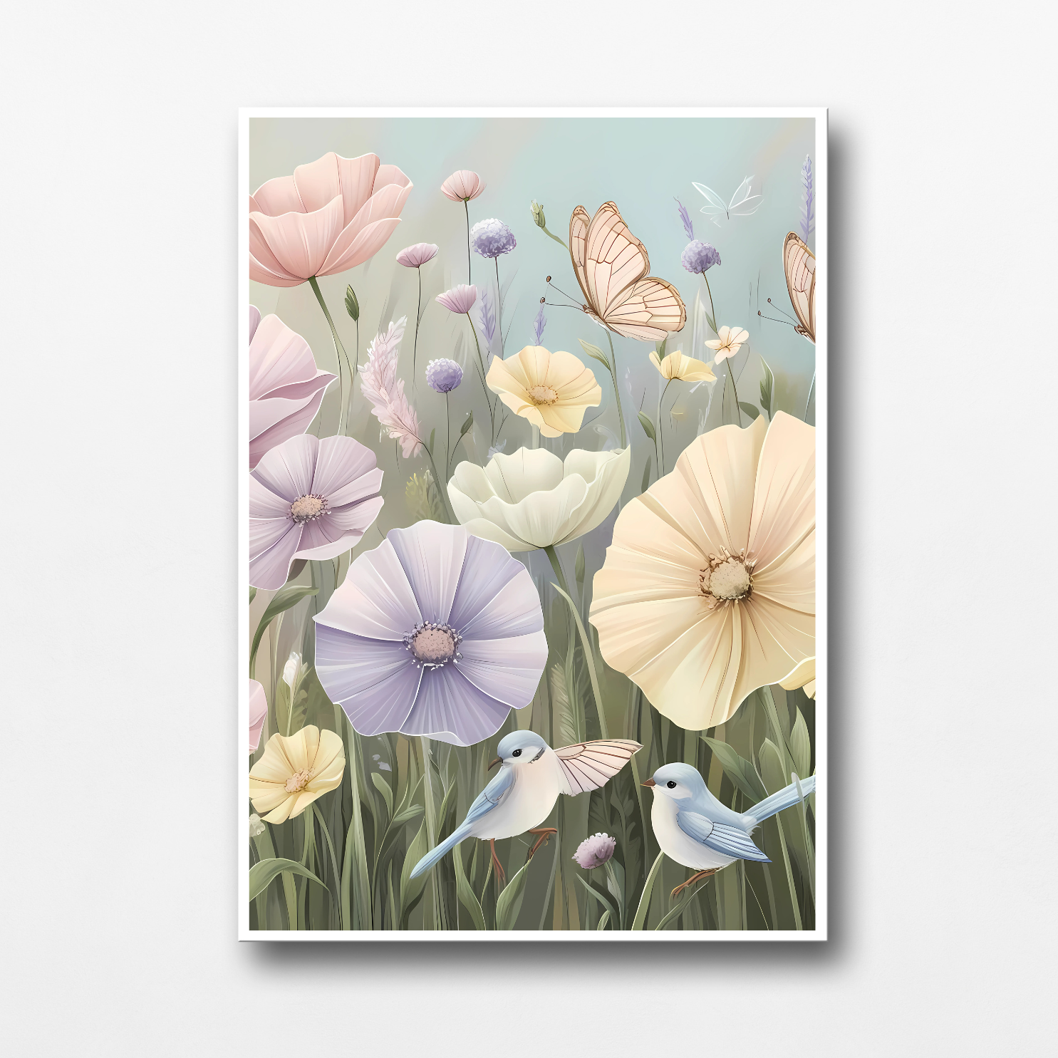 Elegant and calming meadow scene on canvas, featuring soft flowers and butterflies in a peaceful landscape