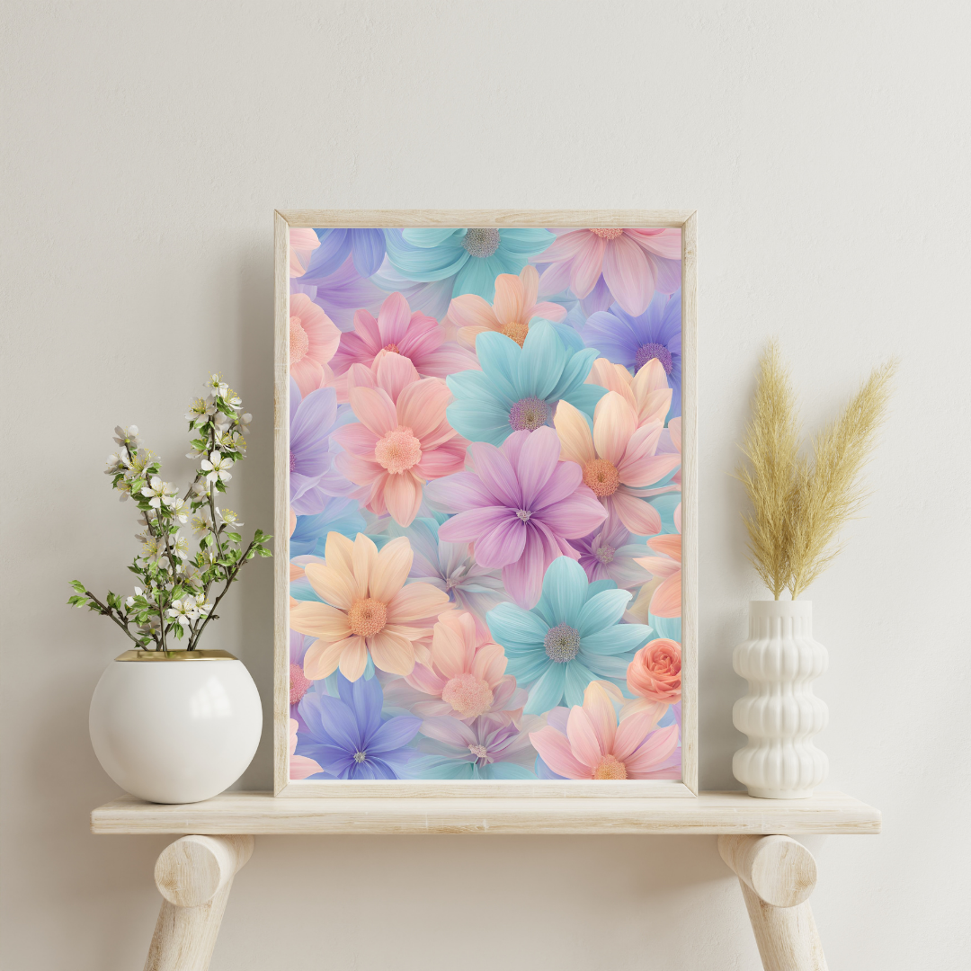 A vertical canvas featuring a dreamy pastel floral design with soft purple, pink, and peach flowers, perfect for adding elegance to any room.