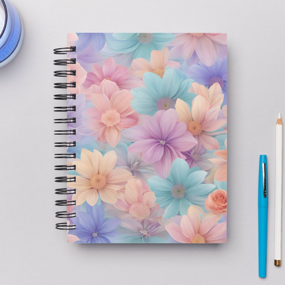 A dreamy floral art pattern in pastel tones, elegantly wrapping around the cover of a notebook for a charming touch.