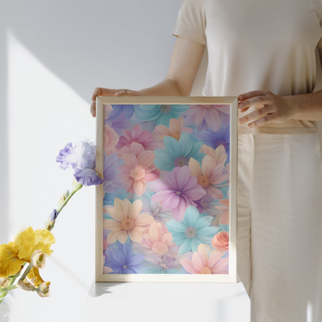 A large vertical canvas of pastel floral art, with intricate details and harmonious colors creating a serene atmosphere