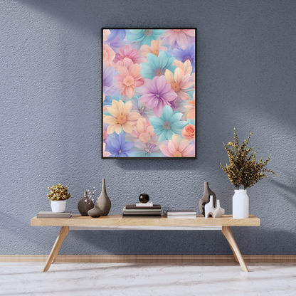 Horizontal canvas print showcasing pastel blossoms in vibrant hues of blue, lavender, and peach, ideal for a calming home decor piece